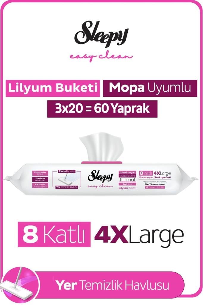 Sleepy Easy Clean Lilyum Buketi Mopa Uyumlu Yer Temizlik Havlusu&Mendili 3X20 (60 Yaprak)