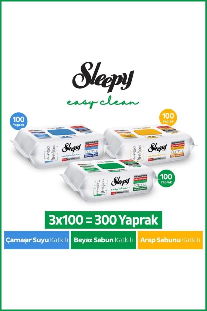 Sleepy Easy Clean Premium Beyaz Sabun+Çamaşır Suyu+Arap Sabunu Yüzey Temizlik Havlusu Mendili 300 Yaprak
