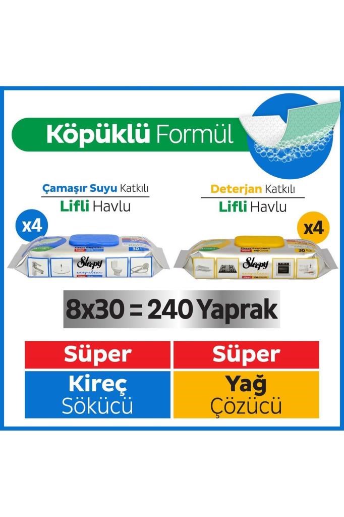 Sleepy Easy Clean Süper Yağ Çözücü&kireç Sökücü Yüzey Temizlik Havlusu&mendili 8x30 (240 YAPRAK)