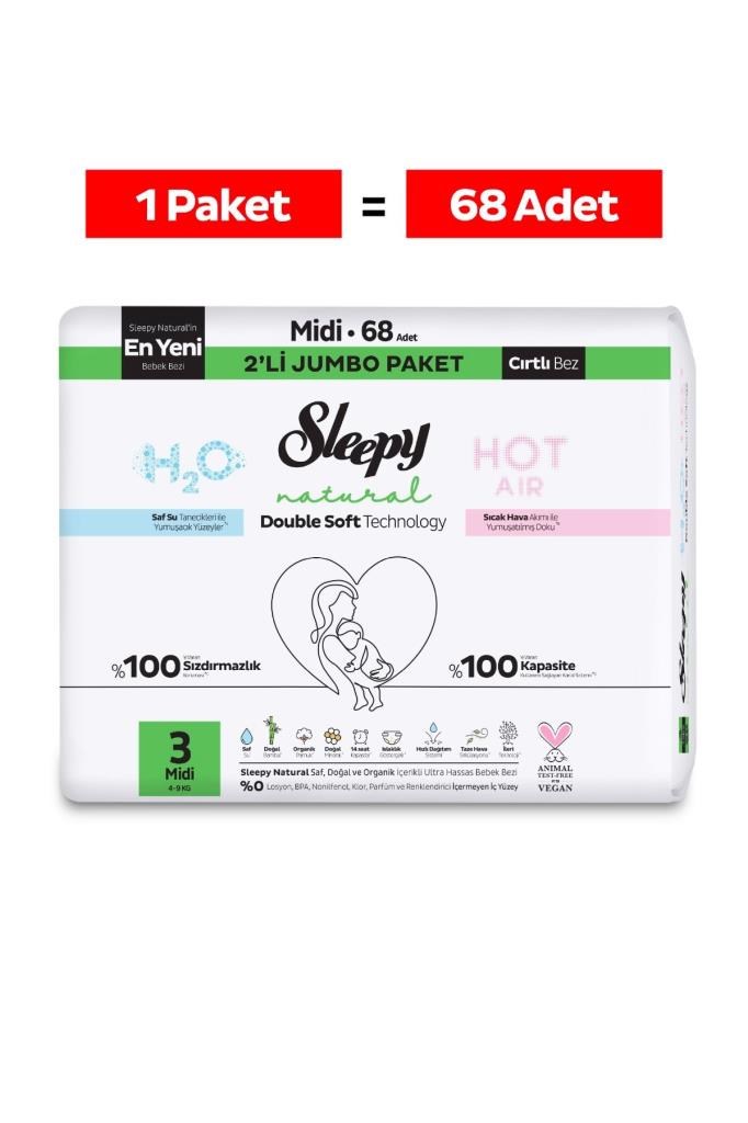 Sleepy Natural Double Soft Avantajlı Mega Paket Bebek Bezi 3 Numara Midi 68 Adet