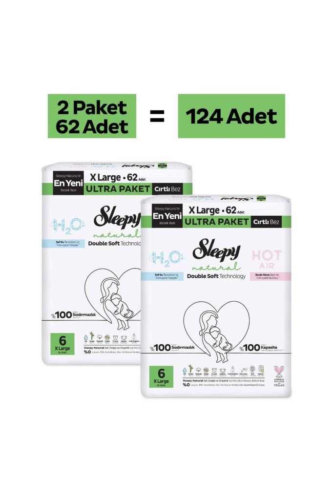 Sleepy Natural Double Soft Ultra Paket Bebek Bezi 6 Numara Xlarge 124 Adet