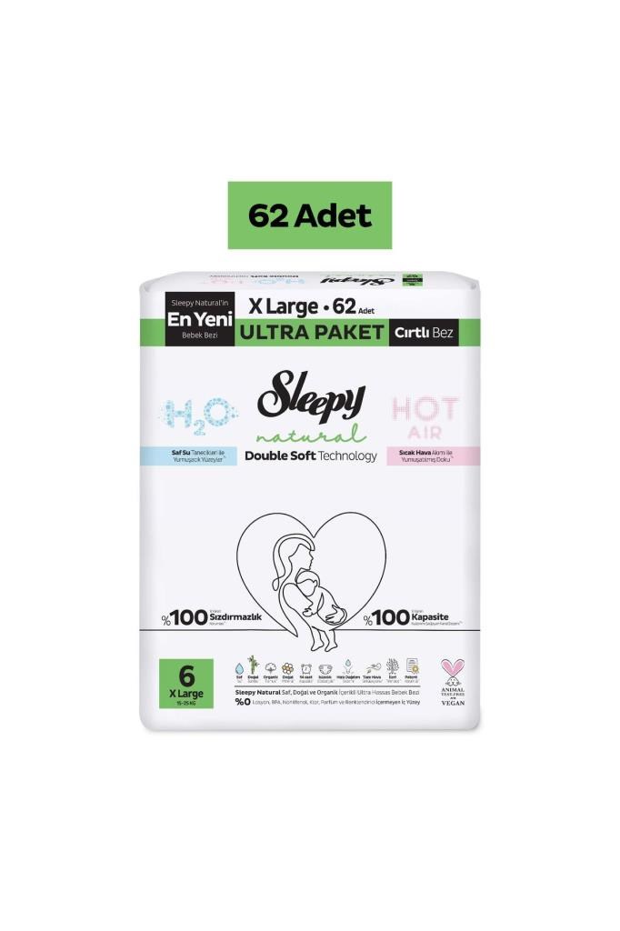 Sleepy Natural Double Soft Ultra Paket Bebek Bezi 6 Numara Xlarge 62 Adet
