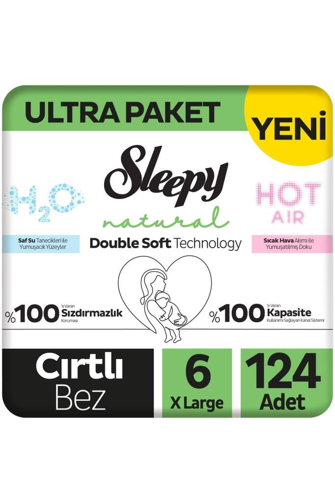 Sleepy Natural Double Soft Ultra Paket Bebek Bezi 6 Numara Xlarge 124 Adet