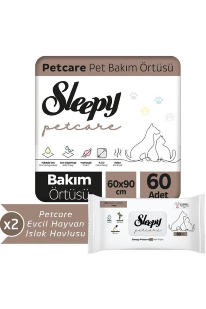 Sleepy Petcare 2X30 Adet Pet Bakım Örtüsü + 2X60 Evcil Hayvan Islak Havlusu