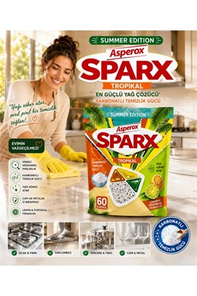 Asperox SPARX Tropikal Bulaşık Makinesi Kapsülü 60’lı – Karbonatlı Güçlü Yağ Çözücü, Narenciye Ferahlığı, Summer Edition