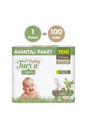 Baby Turco Doğadan Avantaj Paketi Pofuduk Bebek Bezi 4 Numara Maxi 100 Adet