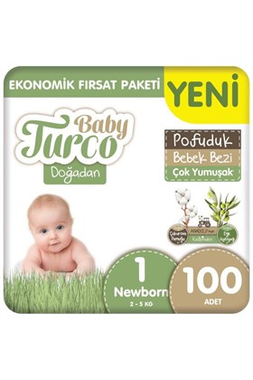 Baby Turco Doğadan Ekonomik Fırsat Paketi Pofuduk Bebek Bezi 1 Numara Newborn 100 Adet