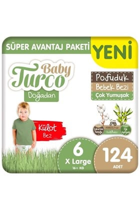 Baby Turco Doğadan Süper Avantaj Paketi Pofuduk Külot Bez 6 Numara Xlarge 124 Adet