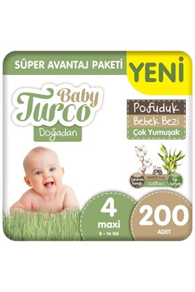 Baby Turco Doğadan Süper Avantaj Paketi Pofuduk Bebek Bezi 4 Numara Maxi 200 Adet