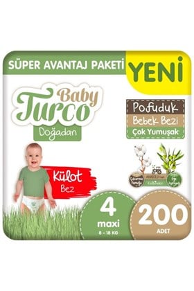 Baby Turco Doğadan Süper Avantaj Paketi Pofuduk Külot Bez 4 Numara Maxi 200 Adet