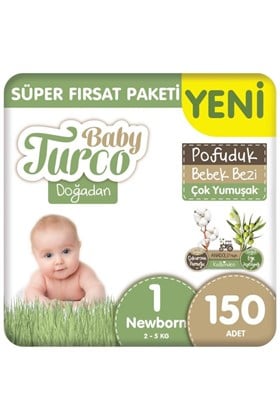 Baby Turco Doğadan Süper Fırsat Paketi Pofuduk Bebek Bezi 1 Numara Newborn 150 Adet