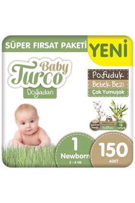 Baby Turco Doğadan Süper Fırsat Paketi Pofuduk Bebek Bezi 1 Numara Newborn 150 Adet