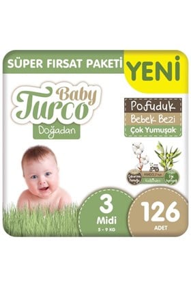 Baby Turco Doğadan Süper Fırsat Paketi Pofuduk Bebek Bezi 3 Numara Midi 126 Adet