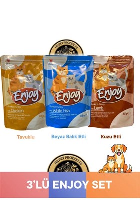 Enjoy Pouch Sos İçinde Et Parçacıklı Kuzu Etli/ Tavuklu/ Beyaz Balıklı Yaş Kedi Maması 3x85 gr