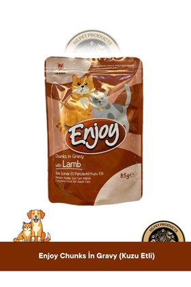 Enjoy Pouch Sos İçinde Et Parçacıklı Kuzu Etli/ Tavuklu/ Beyaz Balıklı Yaş Kedi Maması 3x85 gr