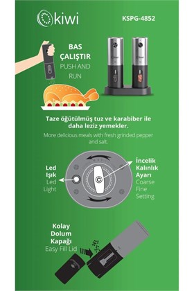 Kiwi Kspg-4852 Şarjlı Paslanmaz Çelik Tuz Karabiber Değirmeni Otomatik Baharat Öğütücü 2li Paket