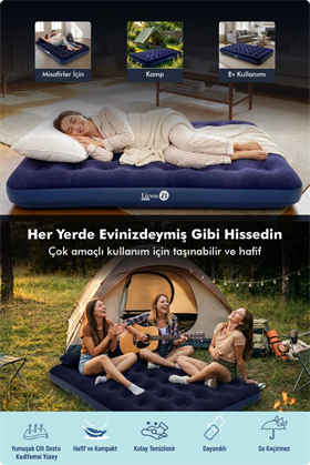 Livenzi Nature Çift Kişilik Şişme Yatak & Yastık + Manuel Şişirme Pompası (203 X 183 X 22 Cm )