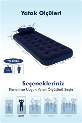 Livenzi Nature Tek Kişilik Şişme Yatak Yastık + Manuel Şişirme Pompası (191 × 76 × 22 Cm)