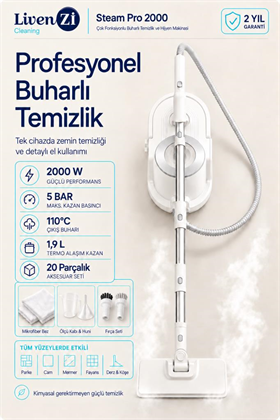 LivenZi Steam Pro 2000 Çok Fonksiyonlu Buharlı Temizlik & Hijyen Makinesi Beyaz