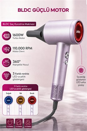 Sinbo SHD-1718 BLDC 1600W Profesyonel Saç Kurutma Makinesi - Mor – Manyetik Nozul & Sessiz Motor