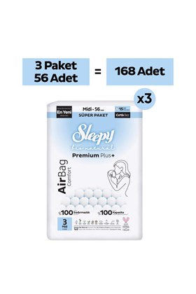 Sleepy Bio Natural Premium Plus Airbag Comfort Mega Paket Bebek Bezi 3 Numara Midi 168 Adet