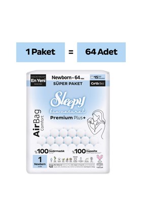 Sleepy Bio Natural Premium Plus Airbag Comfort Süper Paket Bebek Bezi 1 Numara Newborn 64 Adet