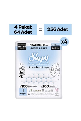Sleepy Bio Natural Premium Plus Airbag Comfort Ultra Paket Bebek Bezi 1 Numara Newborn 256 Adet