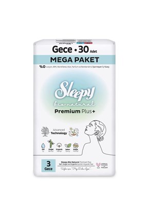 Sleepy Bio Natural Premium Plus Hijyenik Ped Mega Paket Gece 30 Adet