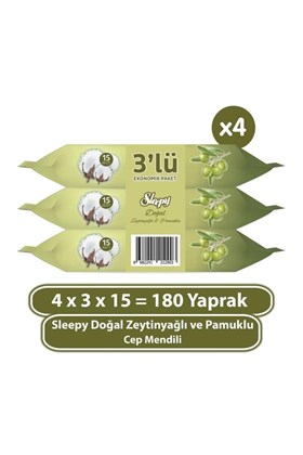 Sleepy Doğal Zeytinyağlı Ve Pamuklu Cep Mendili 4X3x15 (180 Yaprak)