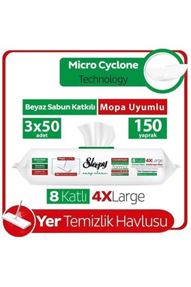 Sleepy Easy Clean Beyaz Sabun Katkılı Mopa Uyumlu Yer Temizlik Havlusu&mendili 3x50 (150 YAPRAK)