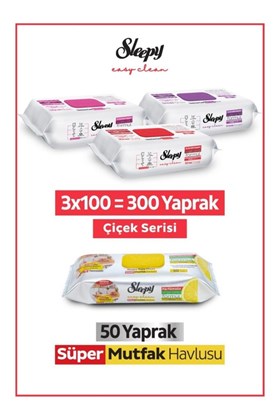 Sleepy Easy Clean Çiçek Serisi&Limon Yağlı Süper Mutfak Yüzey Temizlik Havlusu&Mendili(3x100+50)
