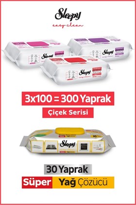 Sleepy Easy Clean Çiçek Serisi&Süper Yağ Çözücü Yüzey Temizlik Havlusu&Mendili(3x100+30)