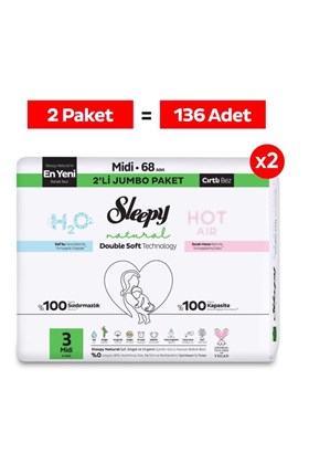Sleepy Natural Double Soft Avantajlı Mega Paket Bebek Bezi 3 Numara Midi 136 Adet