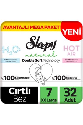 Sleepy Natural Double Soft Avantajlı Mega Paket Bebek Bezi 7 Numara Xxlarge 32 Adet