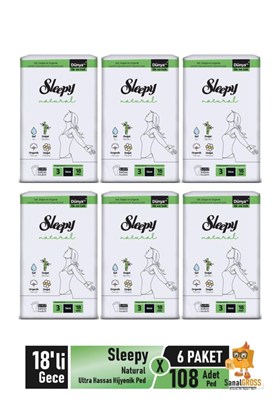 Sleepy Natural Ultra Hassas Hijyenik Ped 18li Gece X 6 Paket