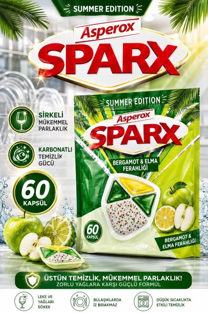 Asperox Sparx Summer Edition Bergamot & Elma Ferahlığı Bulaşık Makinesi Deterjan Kapsülü 60’lı – Sirkeli Mükemmel Parlaklık, Karbonatlı Temizlik Gücü