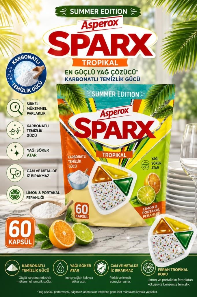 Asperox SPARX Tropikal Bulaşık Makinesi Kapsülü 60’lı – Karbonatlı Güçlü Yağ Çözücü, Narenciye Ferahlığı, Summer Edition