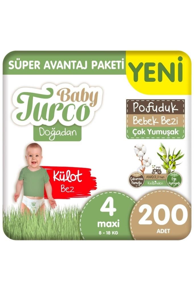 Baby Turco Doğadan Süper Avantaj Paketi Pofuduk Külot Bez 4 Numara Maxi 200 Adet