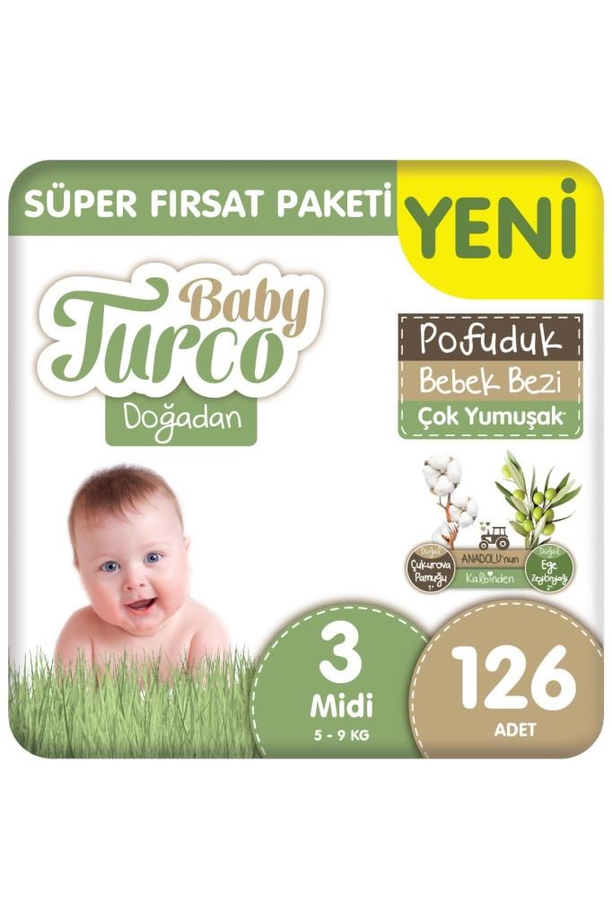 Baby Turco Doğadan Süper Fırsat Paketi Pofuduk Bebek Bezi 3 Numara Midi 126 Adet