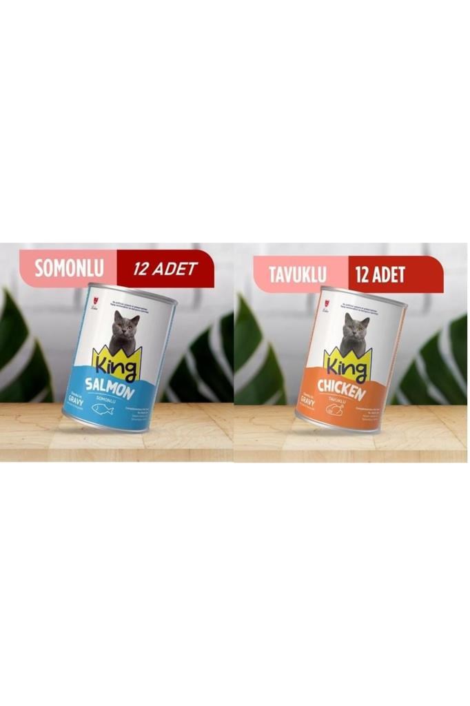 King KKing Sos İçerisinde Et Parçacıklı Tavuklu ve Somonlu Kedi Konservesi 400 Gr*24 Adet