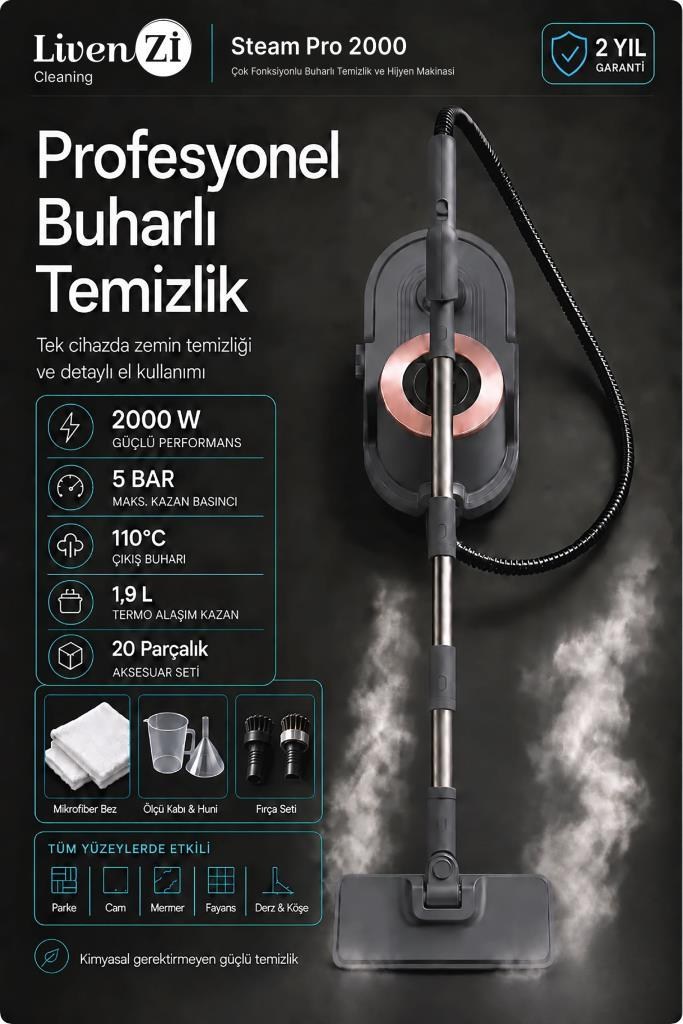LivenZi Steam Pro 2000 Çok Fonksiyonlu Buharlı Temizlik & Hijyen Makinesi Gri