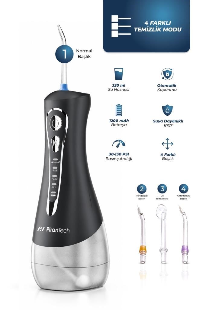 PiranTech AquaDent Ultra Ağız Duşu - Şarjlı Taşınabilir, 4 Farklı Mod, IPX7 Su Geçirmez