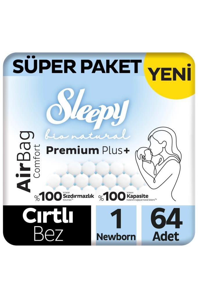 Sleepy Bio Natural Premium Plus Airbag Comfort Süper Paket Bebek Bezi 1 Numara Newborn 64 Adet