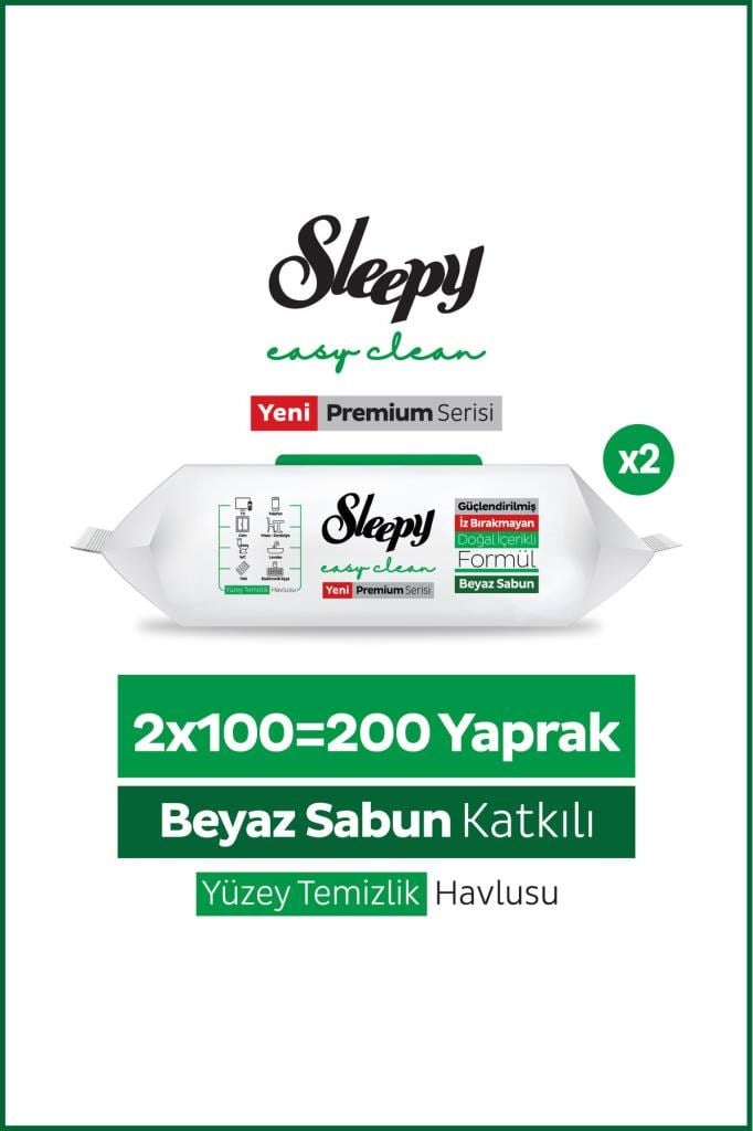 Sleepy Easy Clean Premium Beyaz Sabun Katkılı Yüzey Temizlik Havlusu Mendili 2x100 (200 Yaprak)