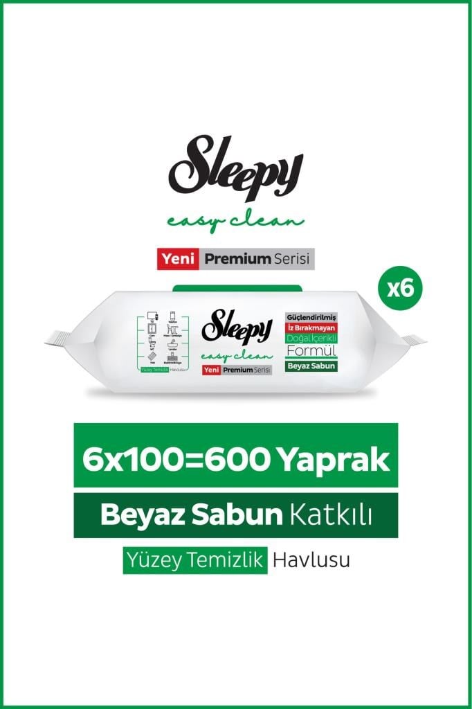 Sleepy Easy Clean Premium Beyaz Sabun Katkılı Yüzey Temizlik Havlusu Mendili 6x100 (600 Yaprak)