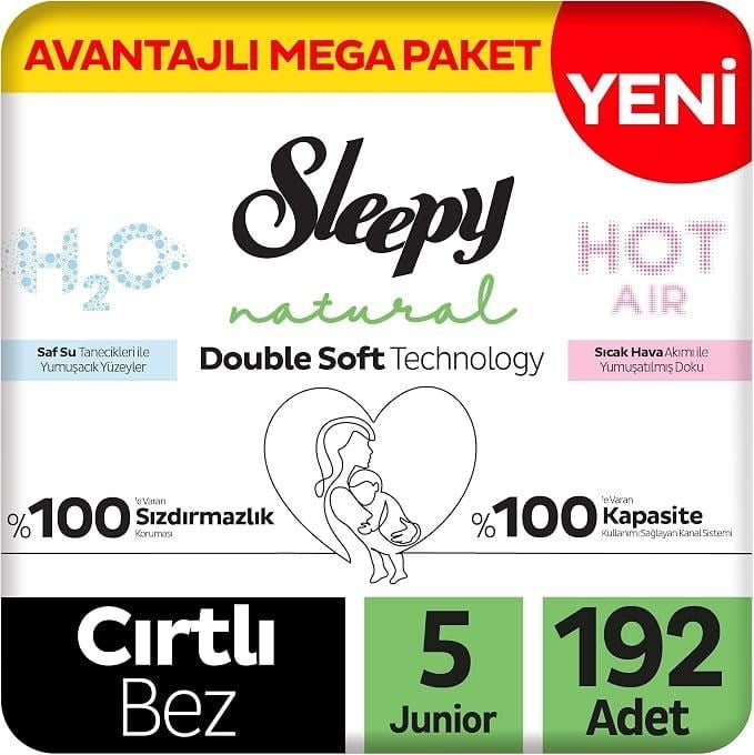 Sleepy Natural Double Soft Avantajlı Mega Paket Bebek Bezi 5 Numara Junior 192 Adet