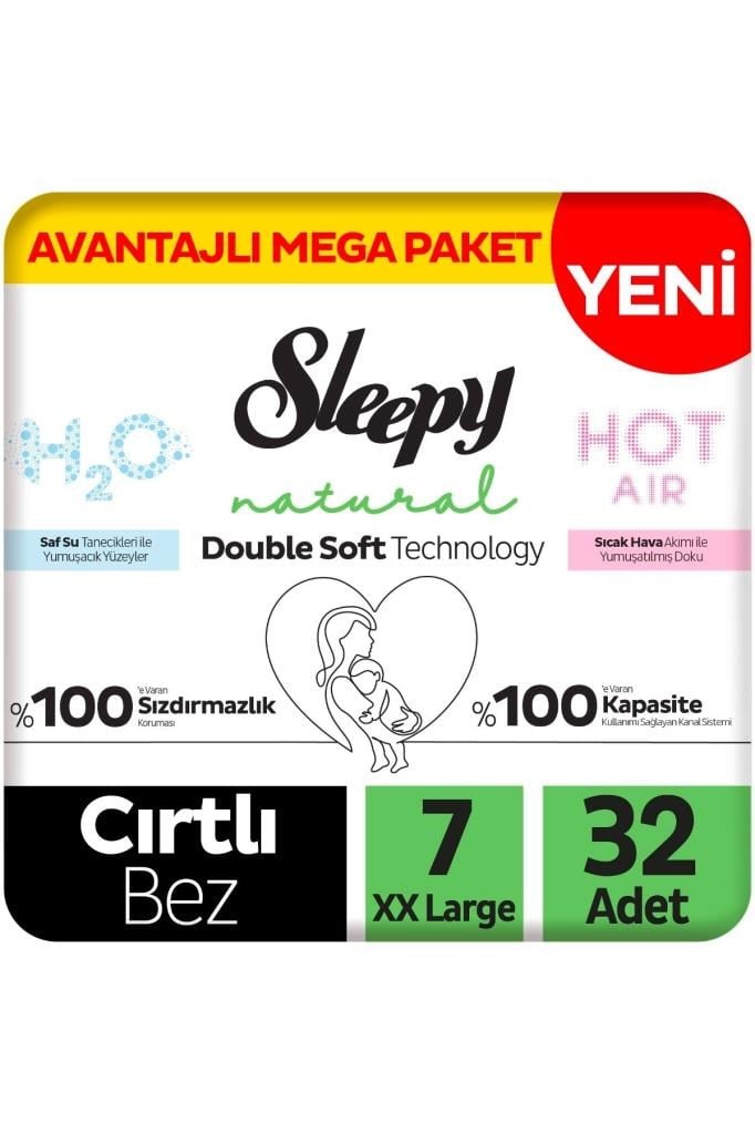 Sleepy Natural Double Soft Avantajlı Mega Paket Bebek Bezi 7 Numara Xxlarge 32 Adet