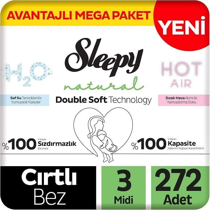 Sleepy Natural Double Soft Avantajlı Mega Paket Bebek Bezi 3 Numara Midi 272 Adet