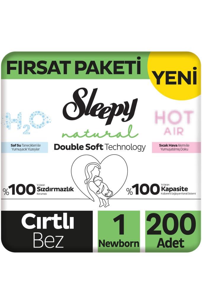 Sleepy Natural Double Soft Fırsat Paketi Bebek Bezi 1 Numara Newborn 200 Adet