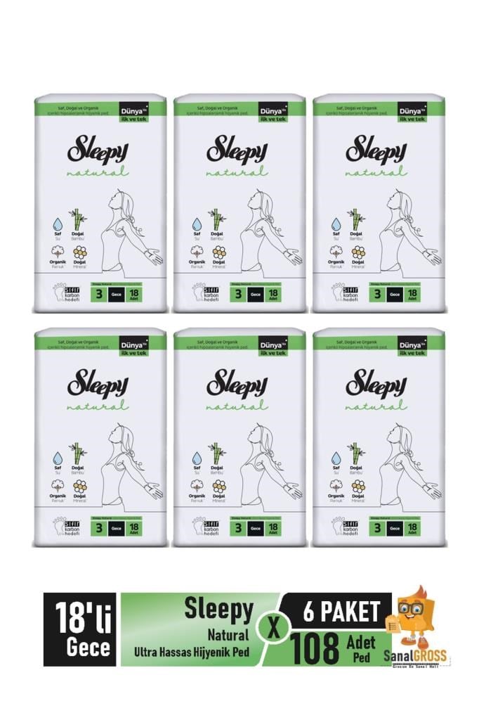 Sleepy Natural Ultra Hassas Hijyenik Ped 18'li Gece X 6 Paket